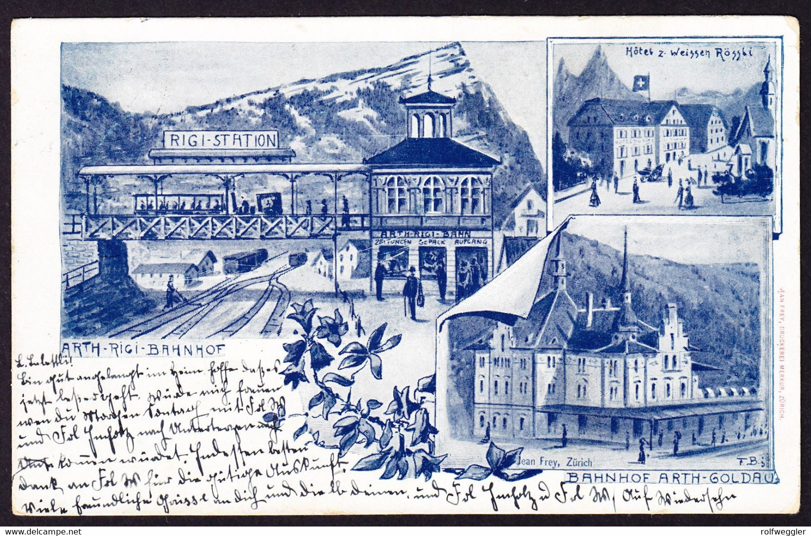 1902 Gelaufene Künstler-AK (Jean Frey, ZH) Arth-Rigi-Bahnhof Sowie Hotel Zum Weissen Rössli Mit Rigi Dampflok. - Arth