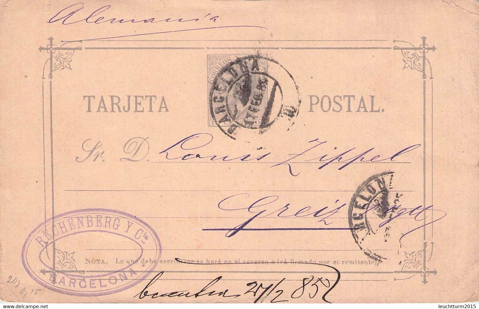 SPAIN -  TARJETA POSTAL 10 CTS 1885 BARCELONA > GREIZ/DE Mi P7 I / ZB75 - 1850-1931