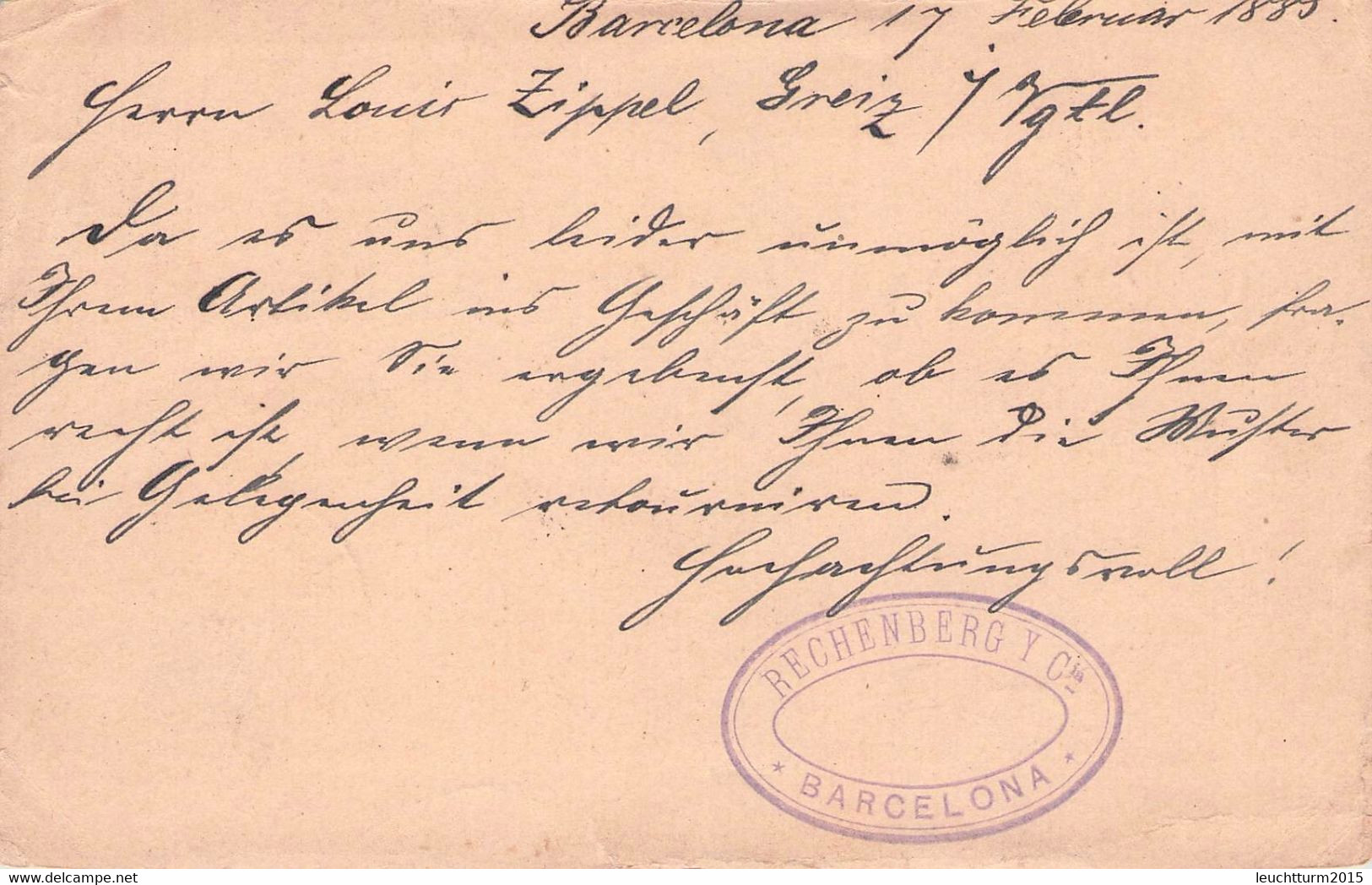 SPAIN -  TARJETA POSTAL 10 CTS 1885 BARCELONA > GREIZ/DE Mi P7 I / ZB75 - 1850-1931