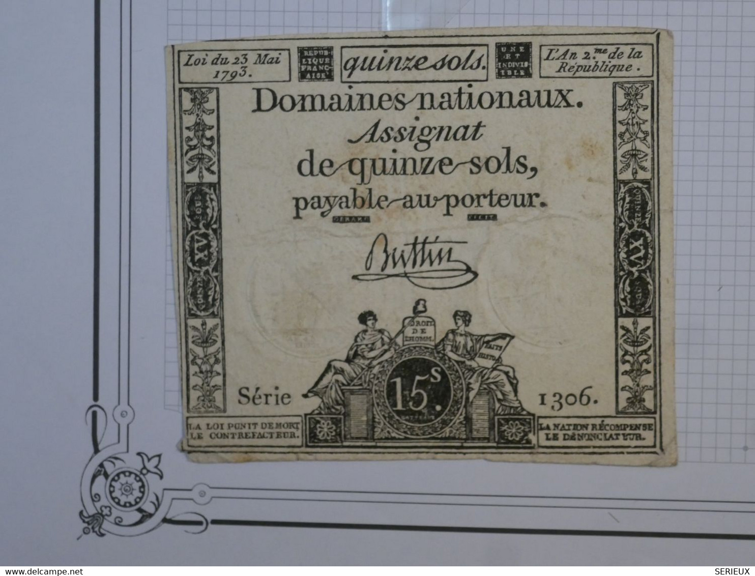 BN5 FRANCE BILLET ASSIGNAT DE 15 SOLS  -23 05 /1793 - DOMAINES NATIONAUX - SERIE 1306 - Assegnati