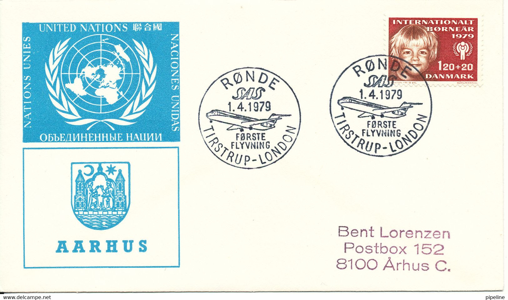 Denmark Cover First SAS Flight Tirstrup - London 1-4-1979  With Cachet United Nations And Aarhus - Brieven En Documenten