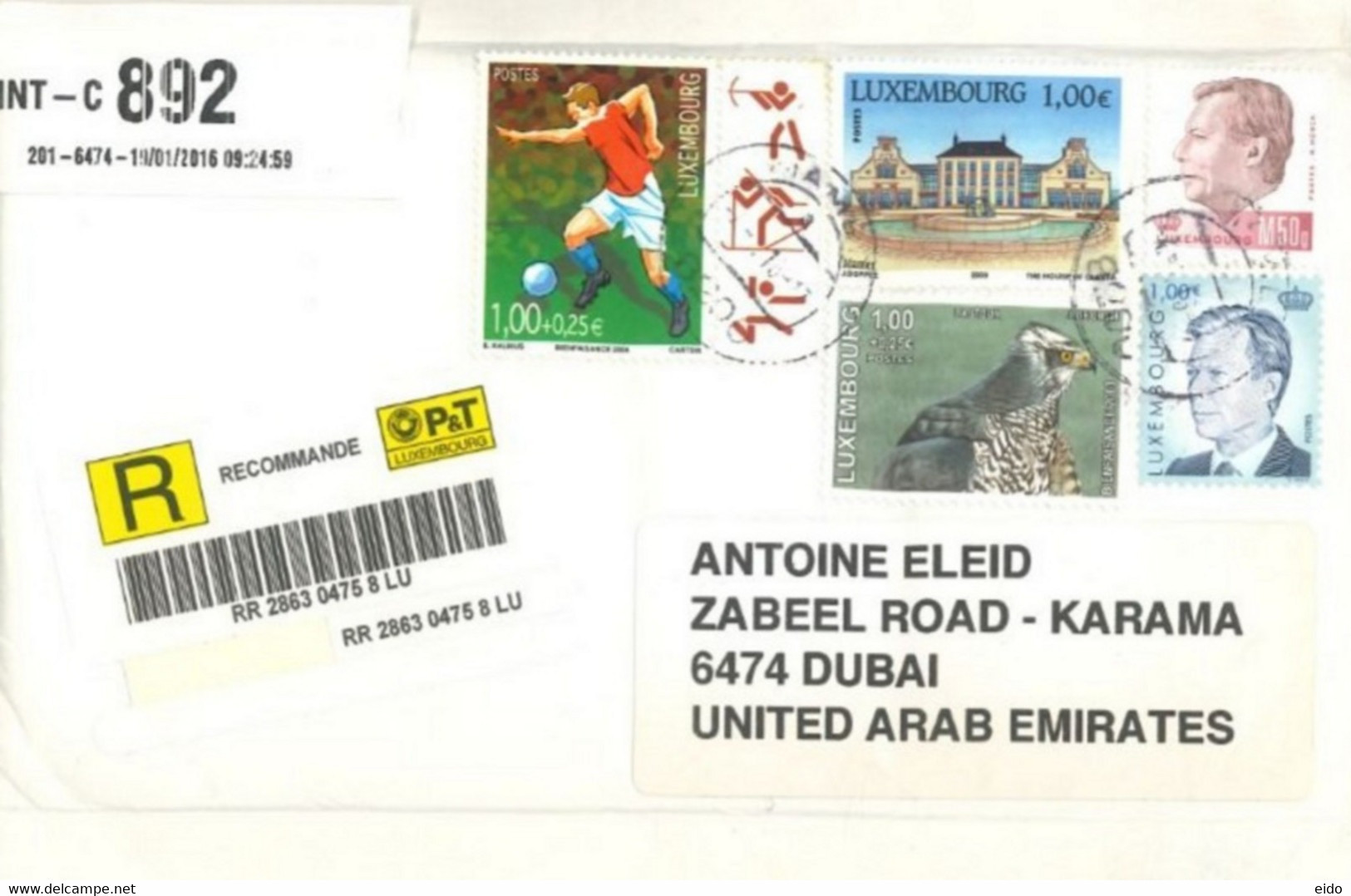 LUXEMBOURG - 2016 - REGISTERED STAMPS  COVER TO DUBAI. - Storia Postale