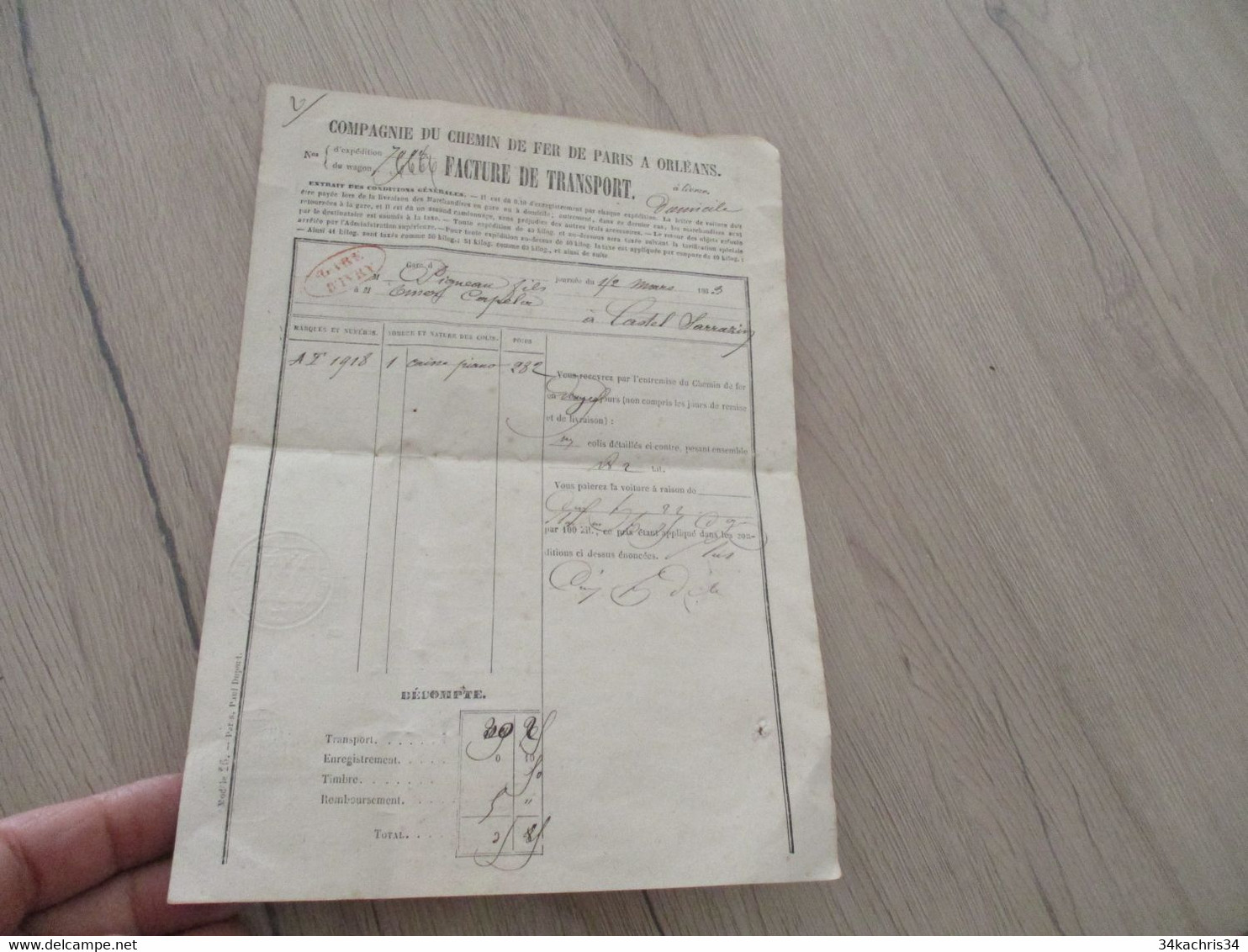 Cie Chemins De Fer De Paris à Orléans  Facture De Transport 1 Caisse De Piano 2/3/1863 - Chemin De Fer