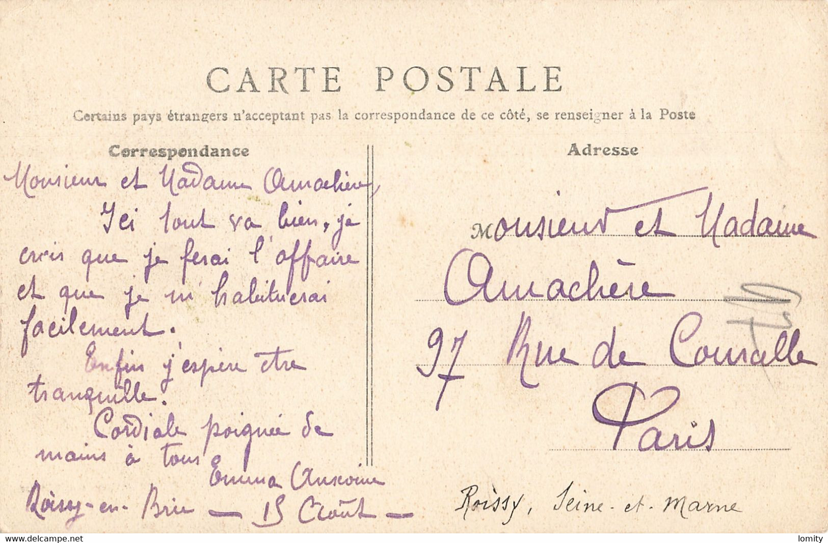 77 Roissy En Brie La Place CPA Carte Colorisée Cachet 1906 - Roissy En Brie