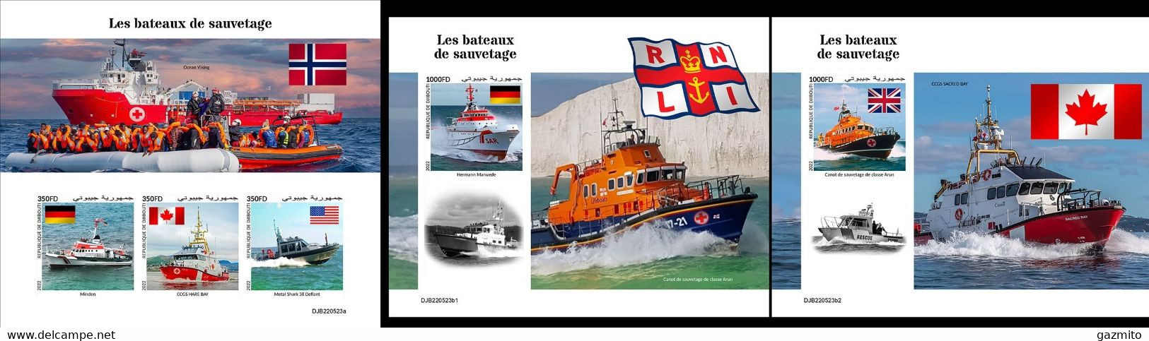 Djibouti 2022, Rescue Boats, Flag, Red Cross, 3val In BF+2BF IMPERFORATED - First Aid