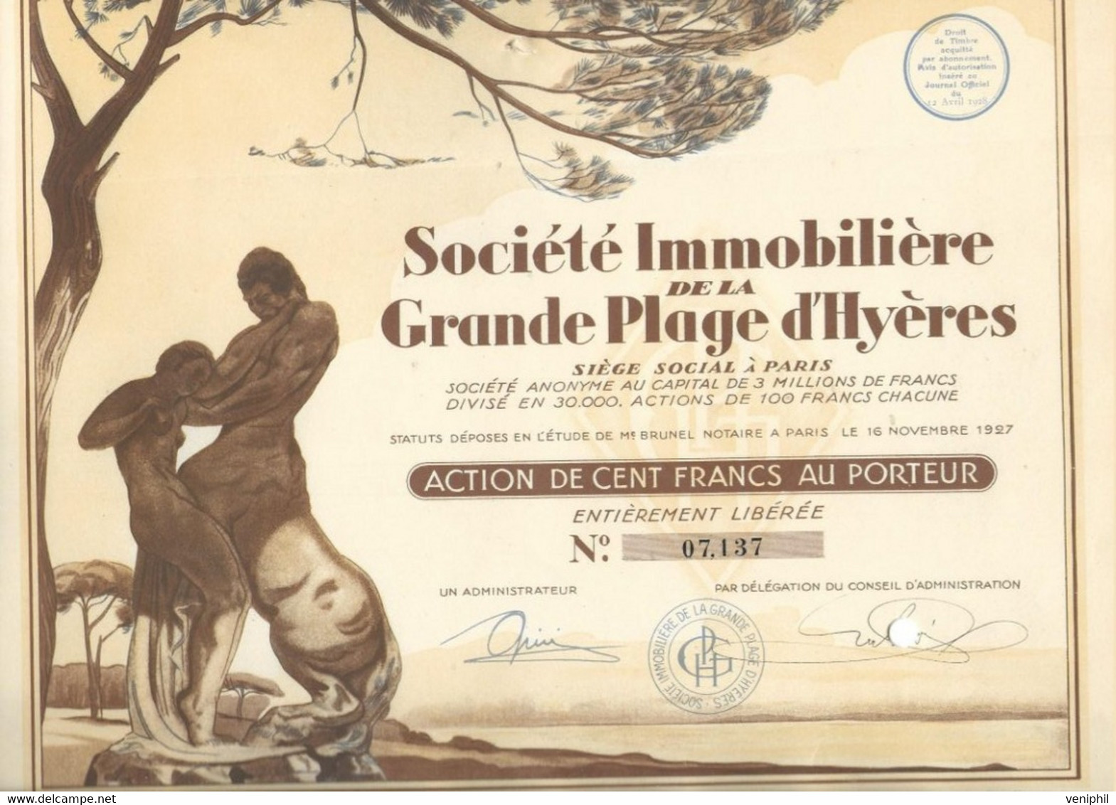 SOCIETE IMMOBILIERE DE LA GRANDE PLAGE D'HYERES -ACTION DE 100 FRS -ANNEE 1927 - Toerisme