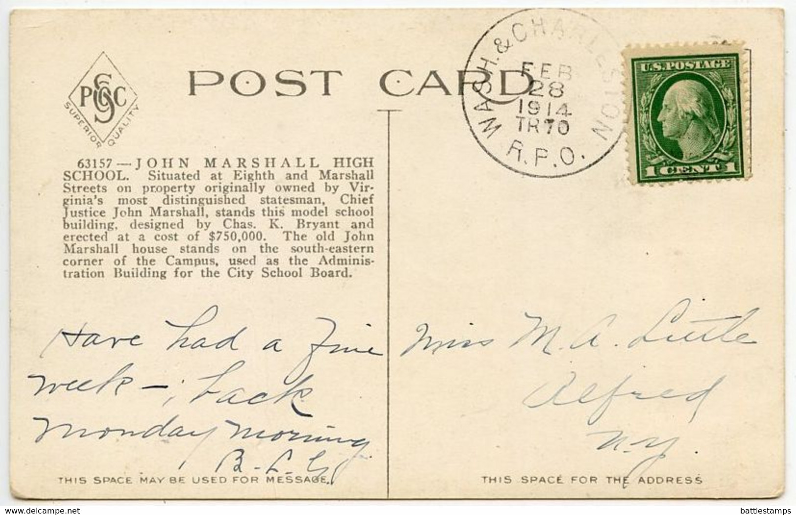 United States 1914 Postcard Richmond, Virginia - John Marshall High School; Washington & Charleston RPO Postmark - Richmond