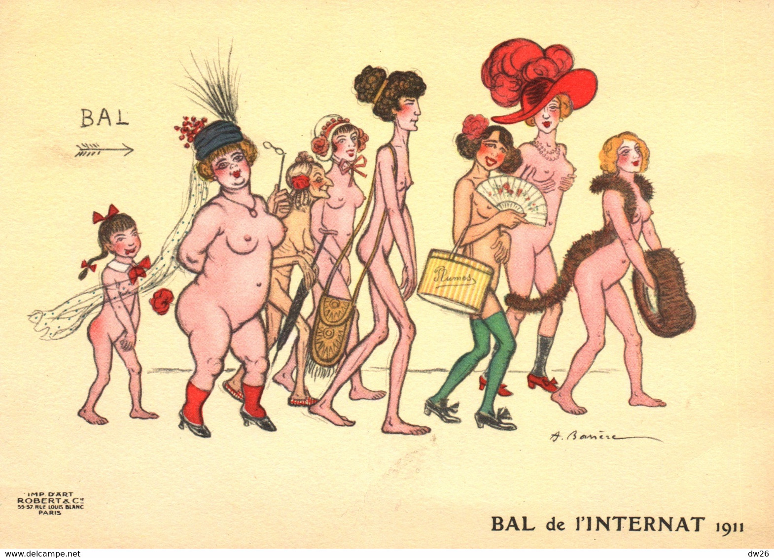 Reproduction Affiche Bal De L'Internat 1911 - Dessin De Barrère (femmes Nues) Publicité Au Dos: Extrait De Foie Stago - Plakate