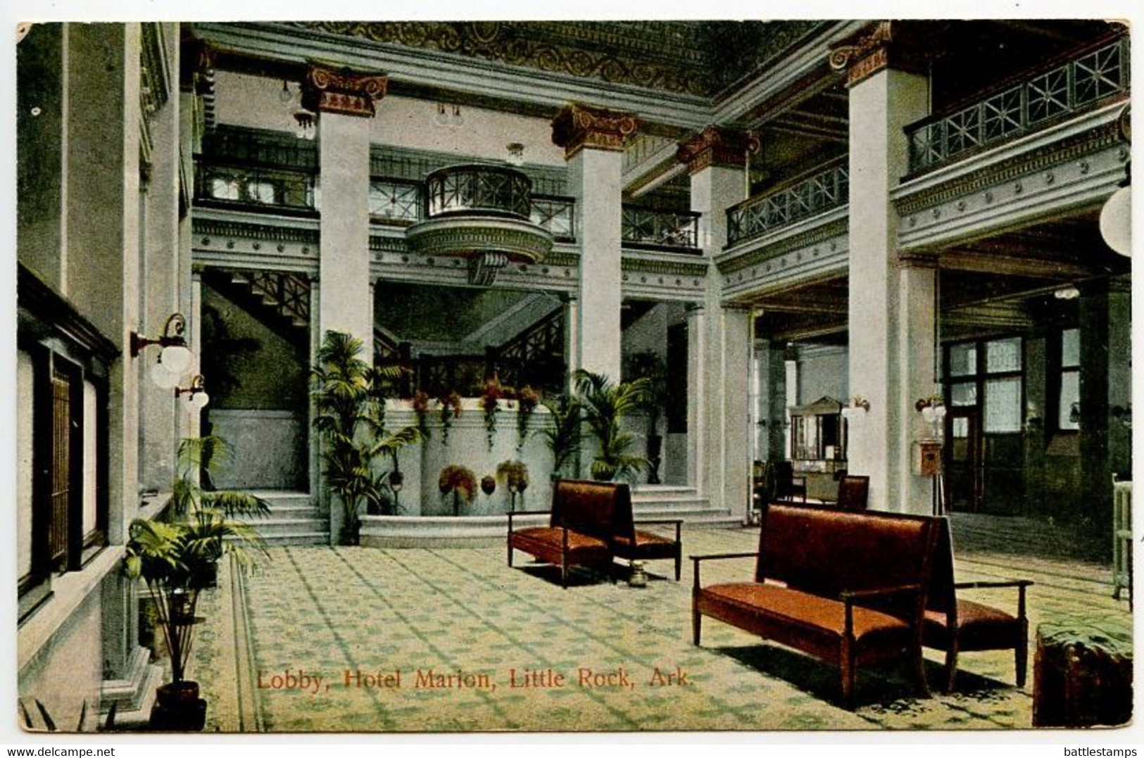 United States 1905 Postcard Little Rock, Arkansas - Hotel Marion Lobby; Little Rock & Fort Worth RPO Postmark - Little Rock
