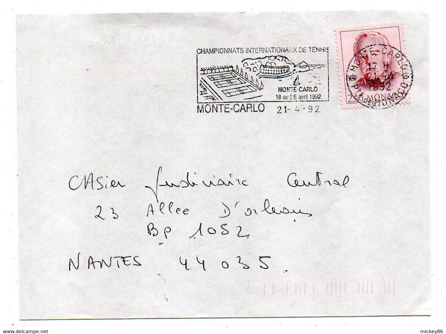 MONACO--1992--lettre De Monte-Carlo Pour  Nantes-44 (France)..cachet Flamme " TENNIS" - Cartas & Documentos