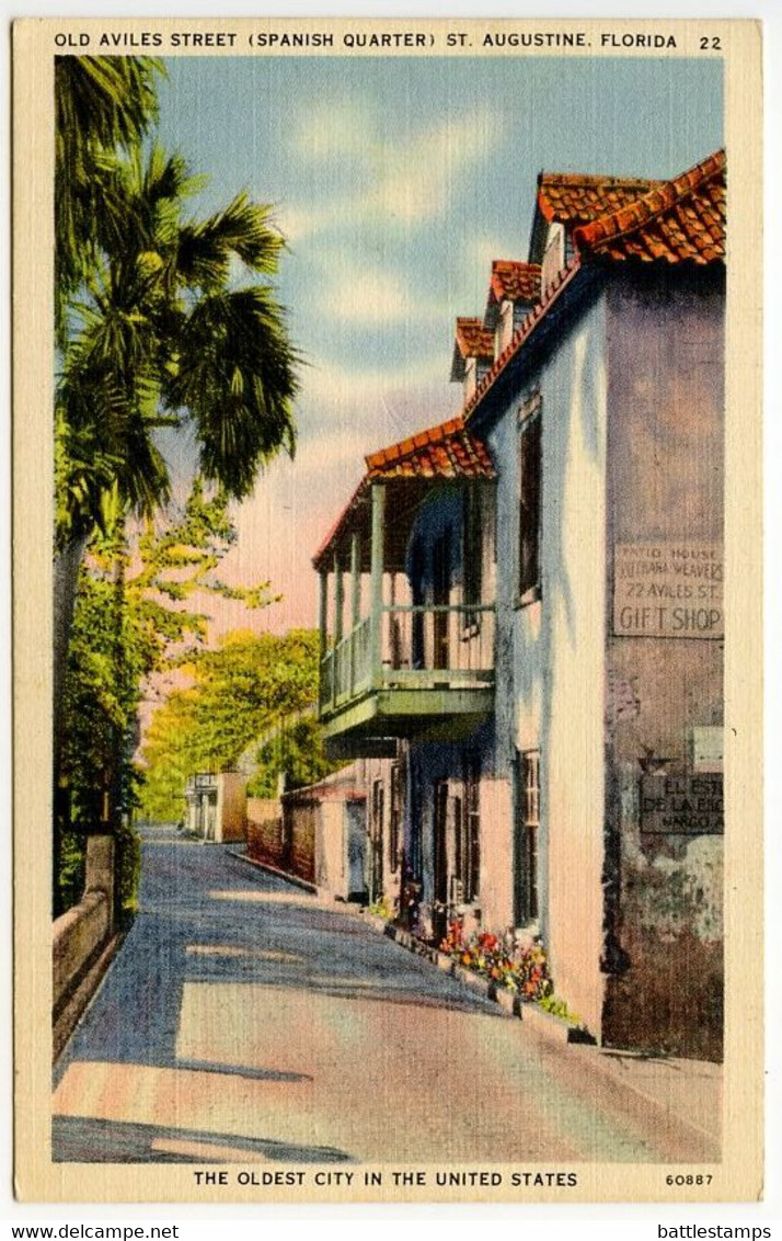 United States 1940 Postcard St. Augustine, Florida - Old Aviles Street; Jacksonville & Key West RPO S.D. Postmark - St Augustine