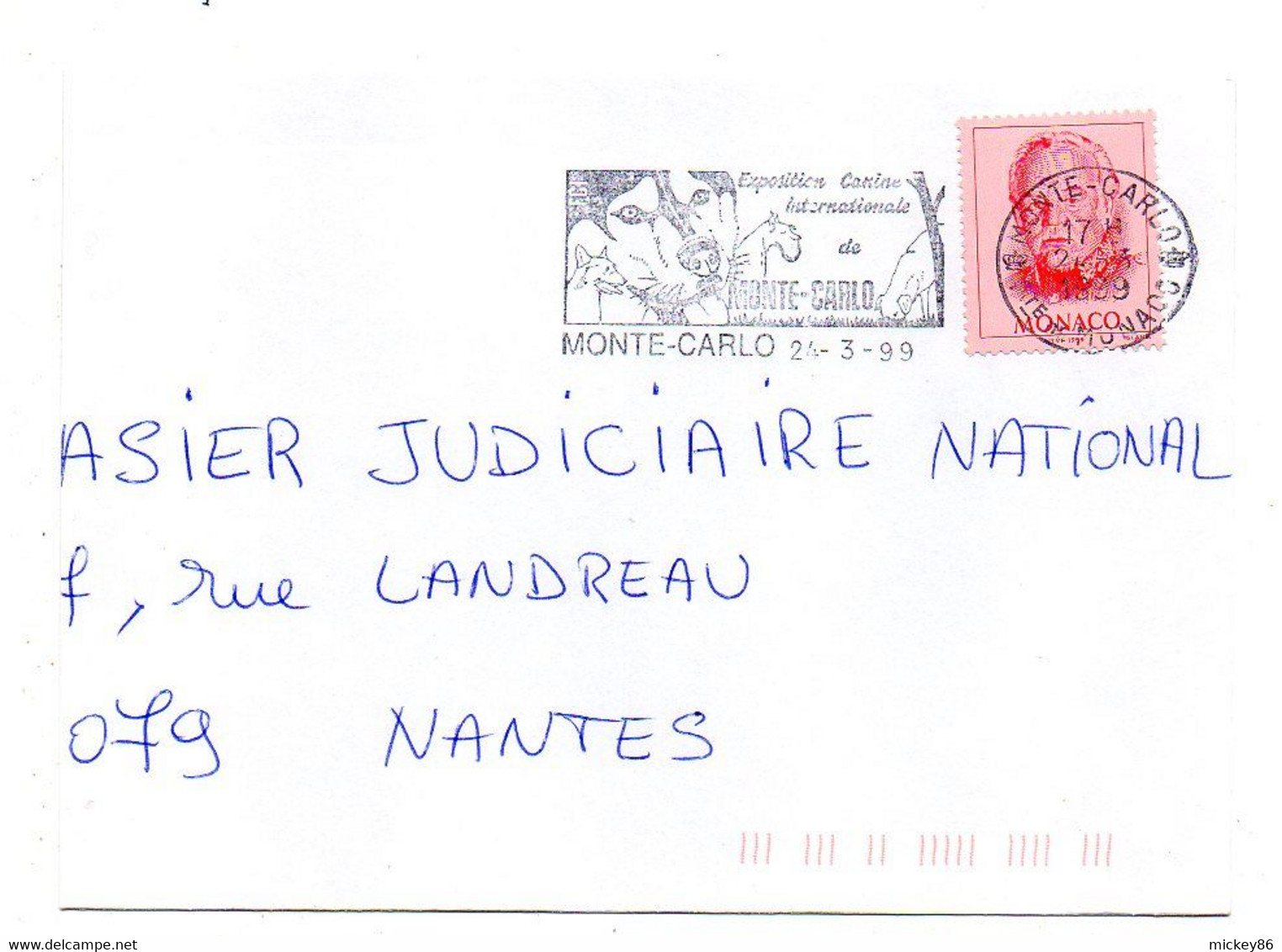 MONACO--1999--lettre De Monte-Carlo Pour  Nantes-44 (France)..cachet Flamme "Exposition Canine Internationale (chien) " - Storia Postale