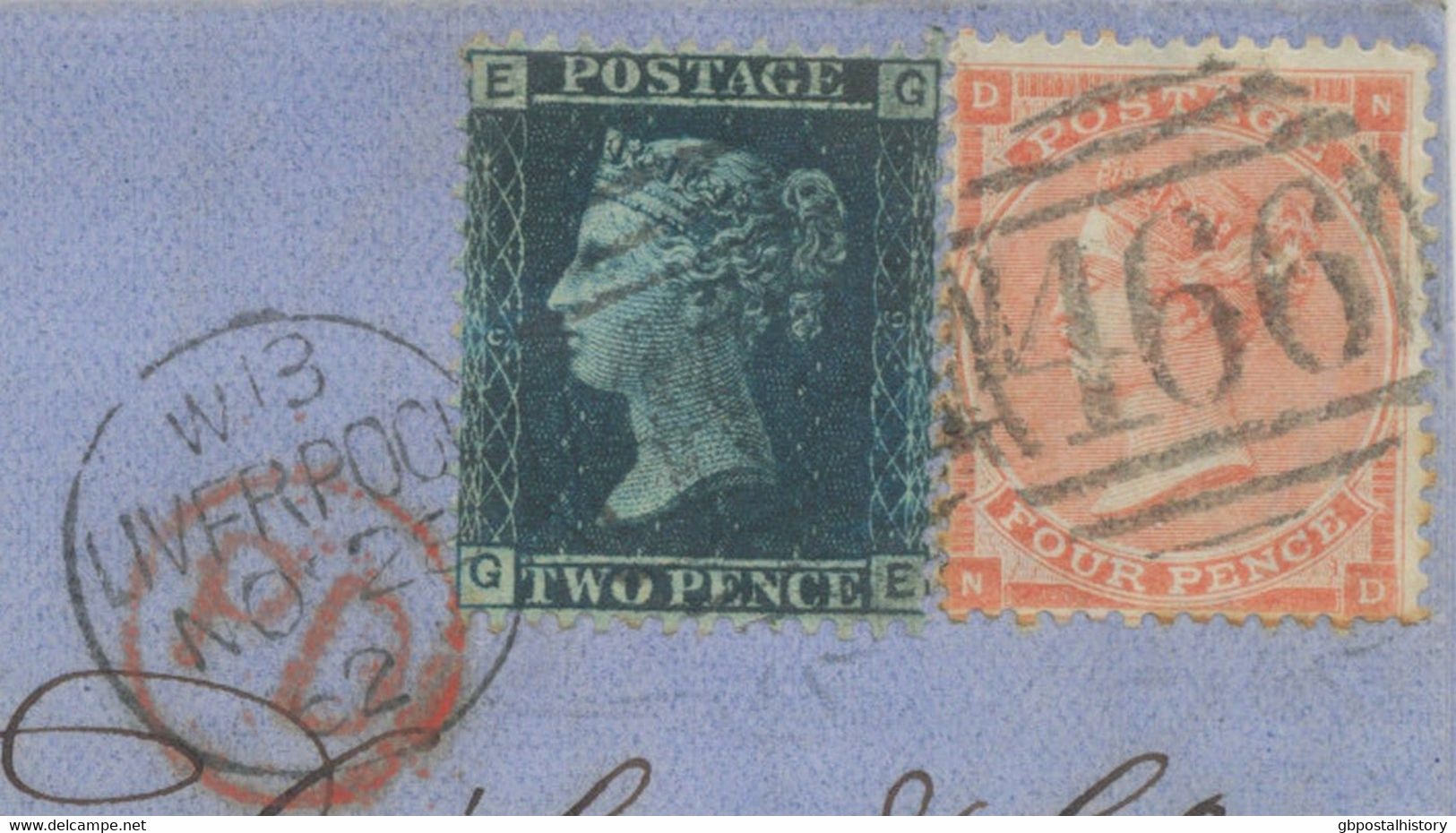 GB 1862 QV 4d Bright Red Pl.3 No Hairlines (ND) Together W. LE 2d Blue Pl.9 (GE) On Superb Cover With Duplex "LIVERPOOL - Covers & Documents