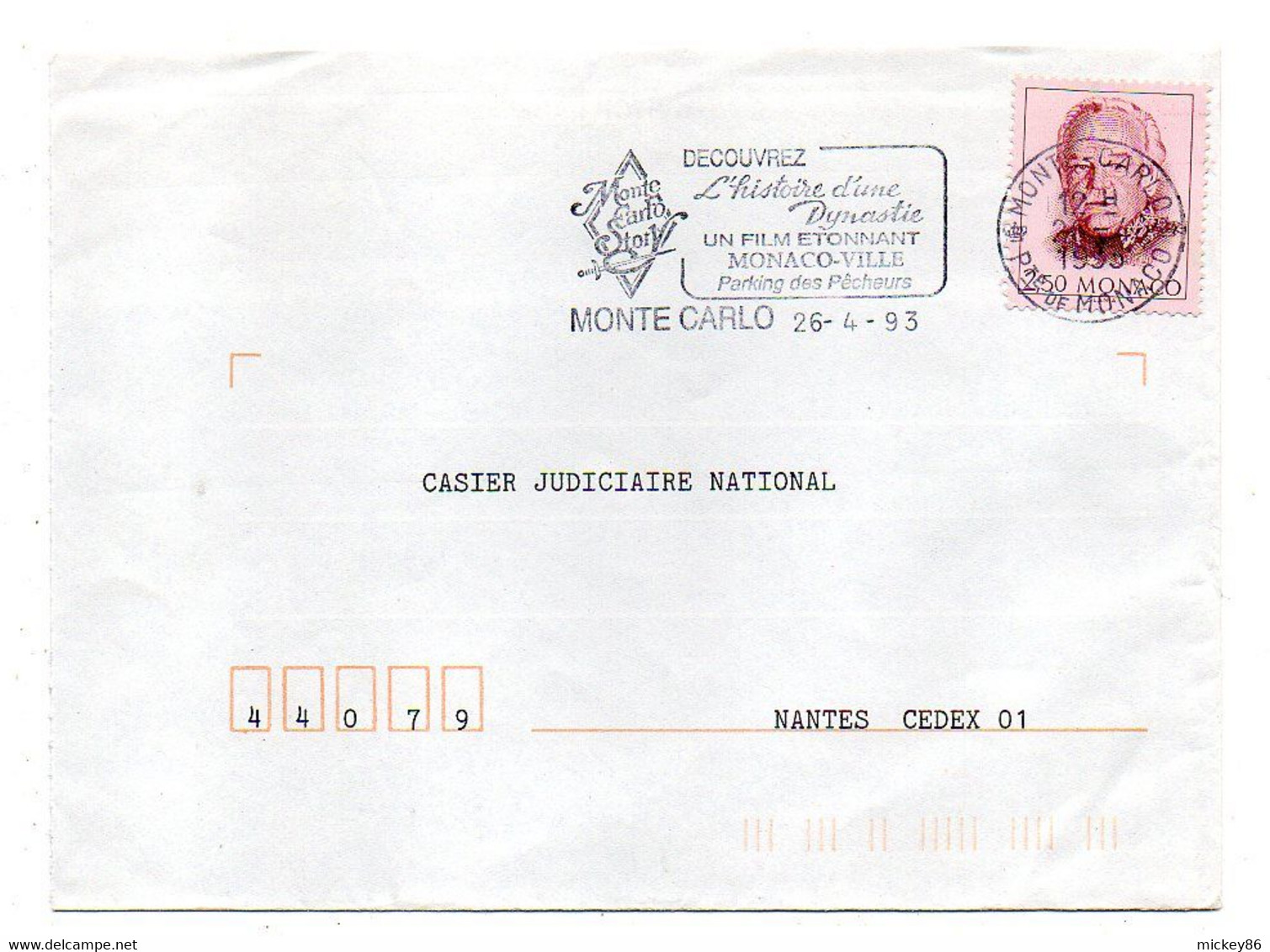 MONACO-1993-lettre De Monte-Carlo Pour Nantes-44 (France)..cachet Flamme "Monaco Story--Histoire D'une Dynastie (film) " - Cartas & Documentos