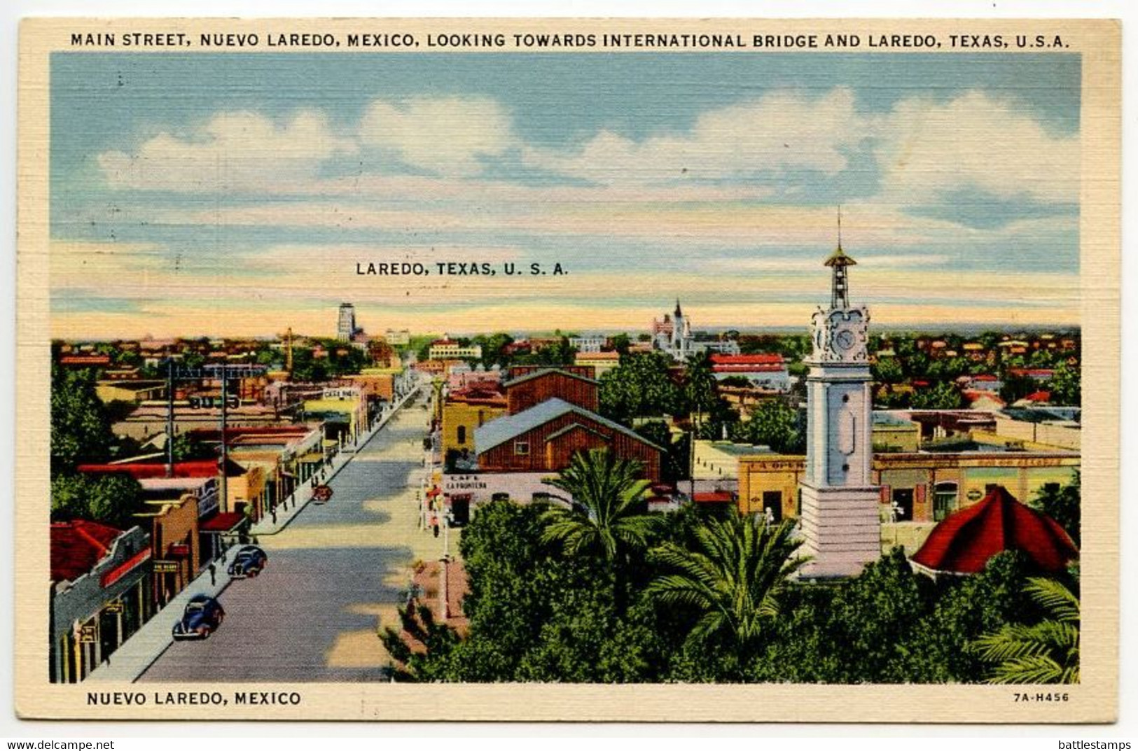 United States 1937 Postcard Laredo, Texas - Main Street, Nuevo Laredo Mexico; San Antonio & Laredo RPO Postmark - Laredo