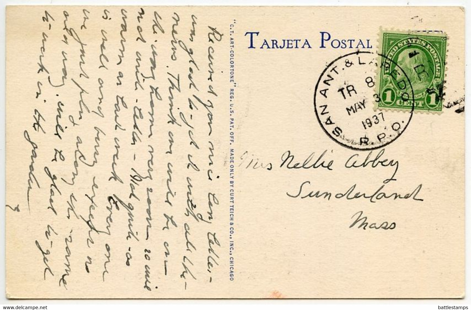 United States 1937 Postcard Laredo, Texas - Main Street, Nuevo Laredo Mexico; San Antonio & Laredo RPO Postmark - Laredo