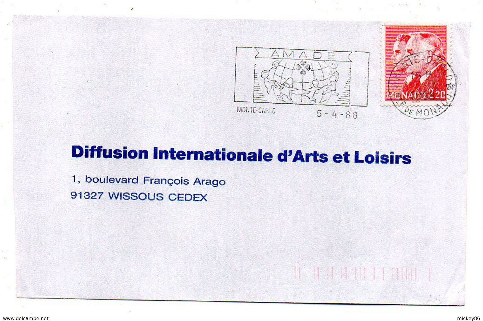 MONACO-1988-lettre De Monte-Carlo Pour Wissous - 91 (France).....cachet Flamme " AMADE  " - Cartas & Documentos