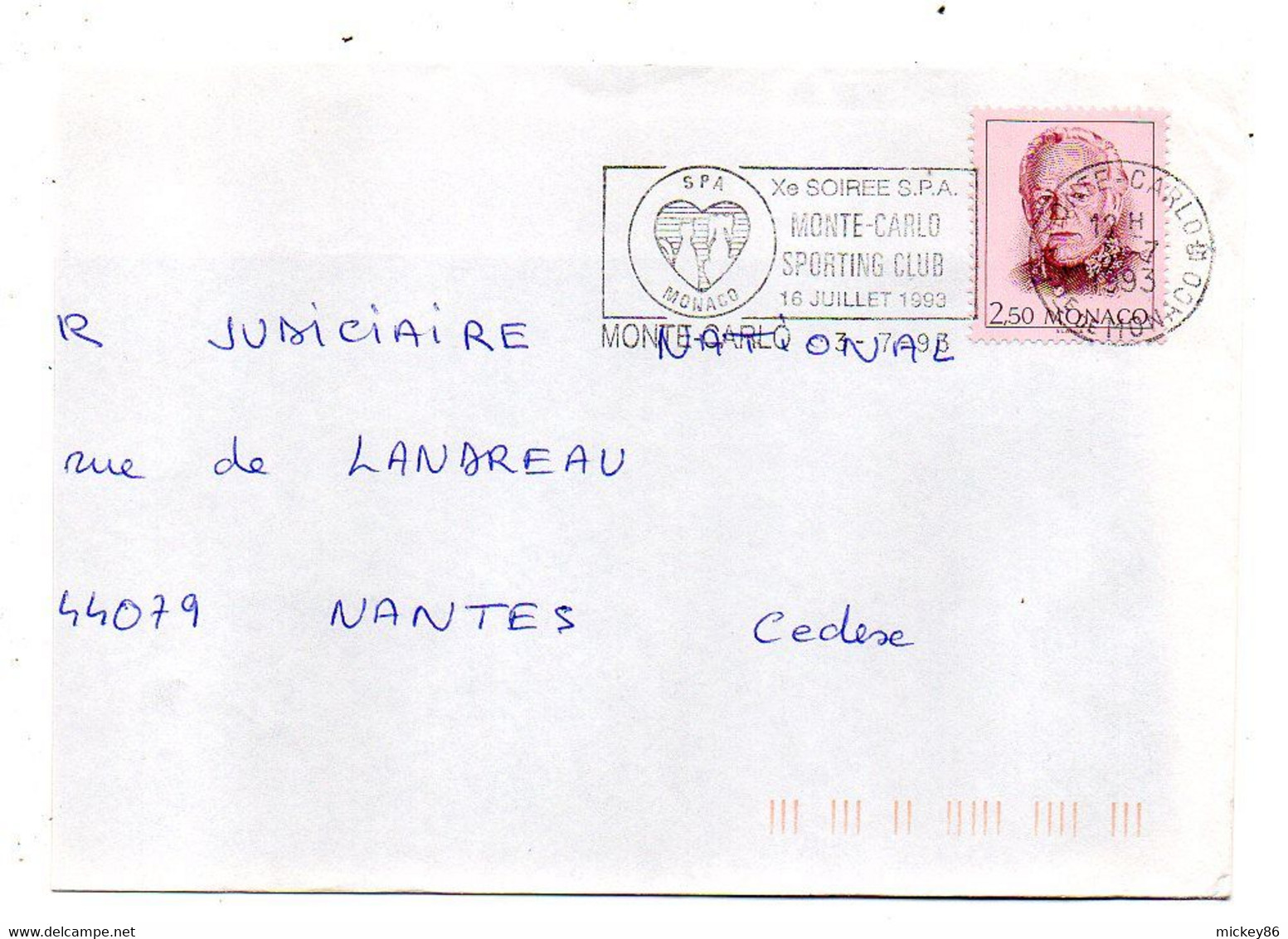 MONACO-1993--lettre De Monte-Carlo Pour Nantes- 44 (France).....cachet Flamme " X° Soirée  SPA -Sporting Club   " - Covers & Documents