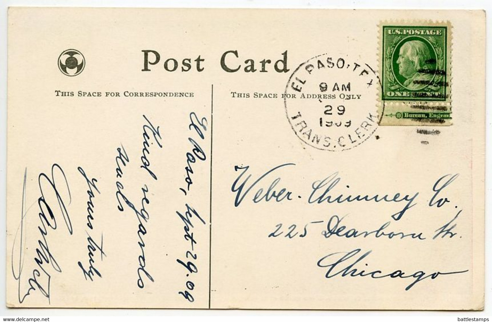 United States 1909 Postcard El Paso TX - International Bridge US & Mexico; El Paso, Tex. Transfer Clark RPO Postmark - El Paso