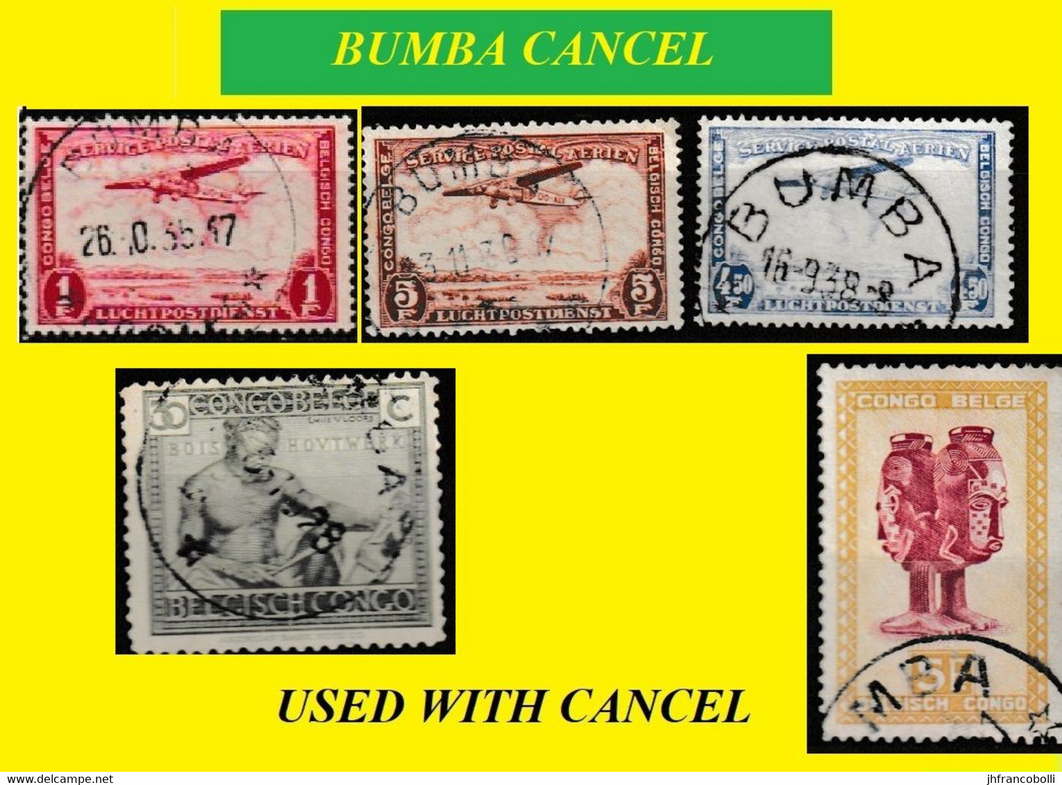 1937 + (°) BUMBA BELGIAN CONGO / CONGO BELGE CANCEL STUDY [4]  COB 119 + 290 + PA11 (x2) + PA12 FIVE ROUND CANCELS - Errors & Oddities