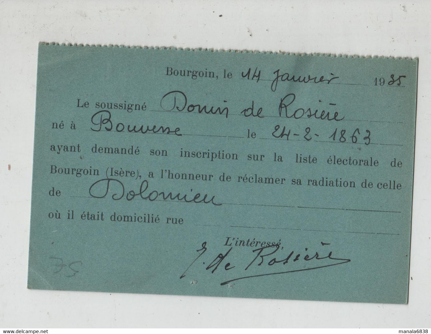 Donin De Rosière Bouvesse Bourgoin 1935 Révision Listes électorales - Non Classés