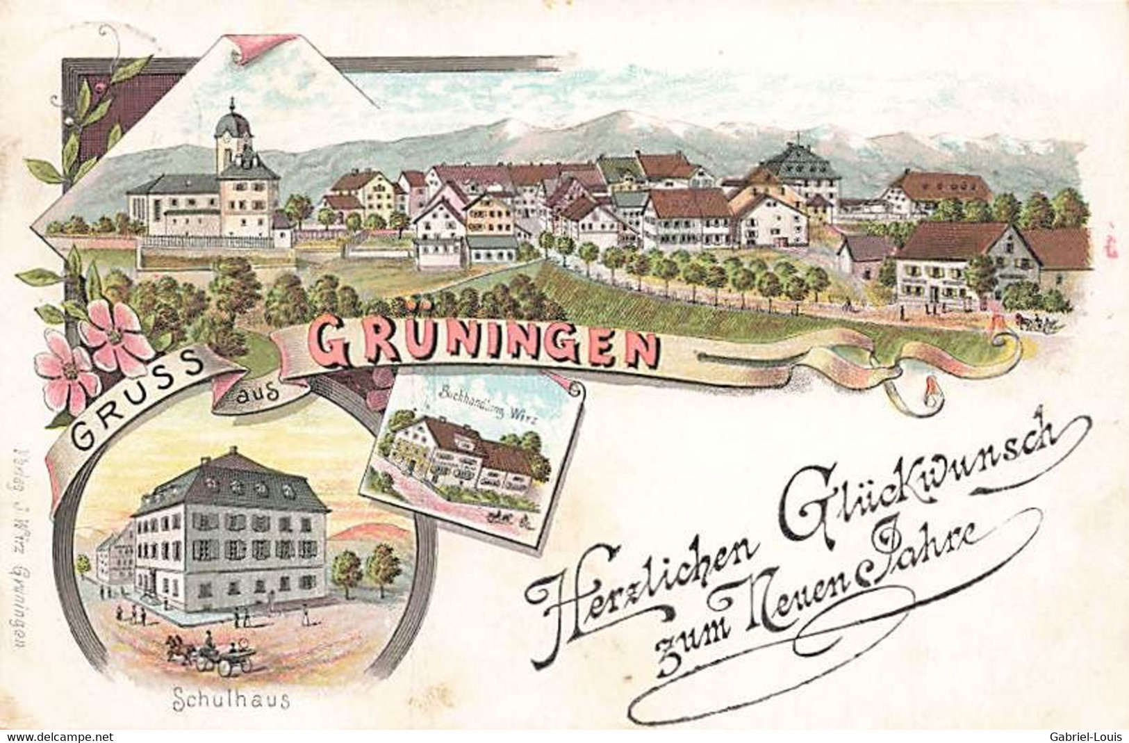 Gruss Aus Grüningen Schulhaus Buchhandlung Wirz Litho 1898 Herzlichen Glückwunsch Zum Neuen Jahre - Grüningen