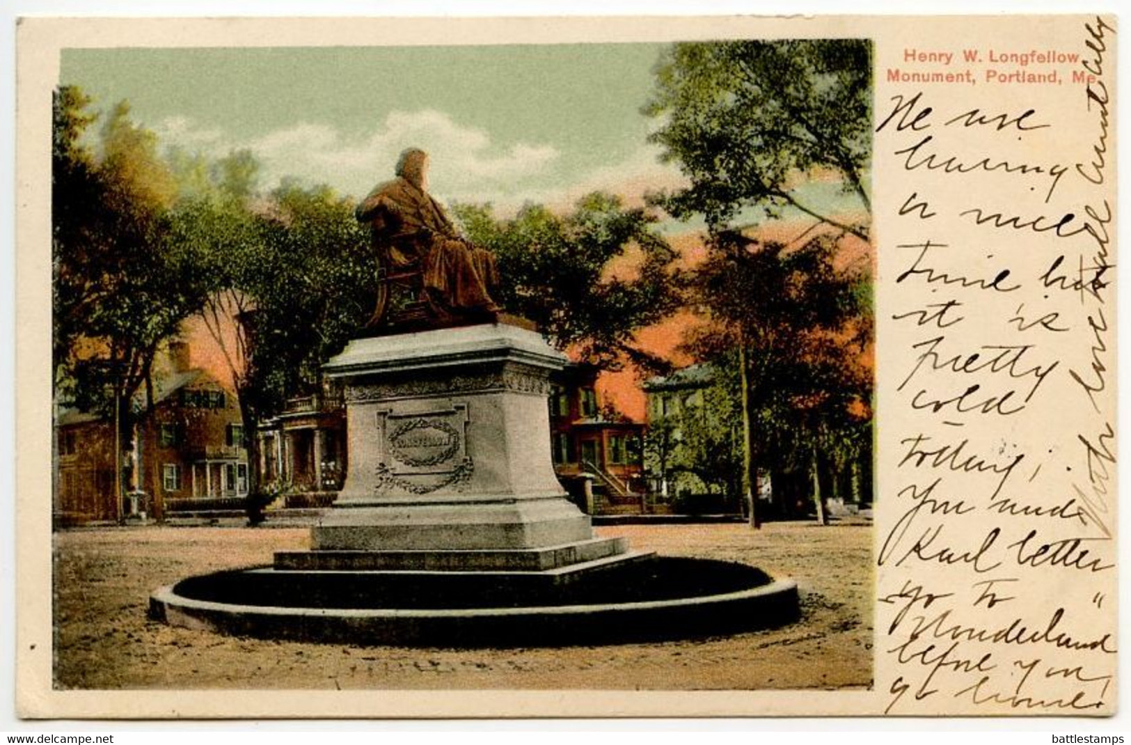 United States 1906 Postcard Portland, Maine - Henry W. Longfellow Monument; Portland & New York RPO Postmark - Portland