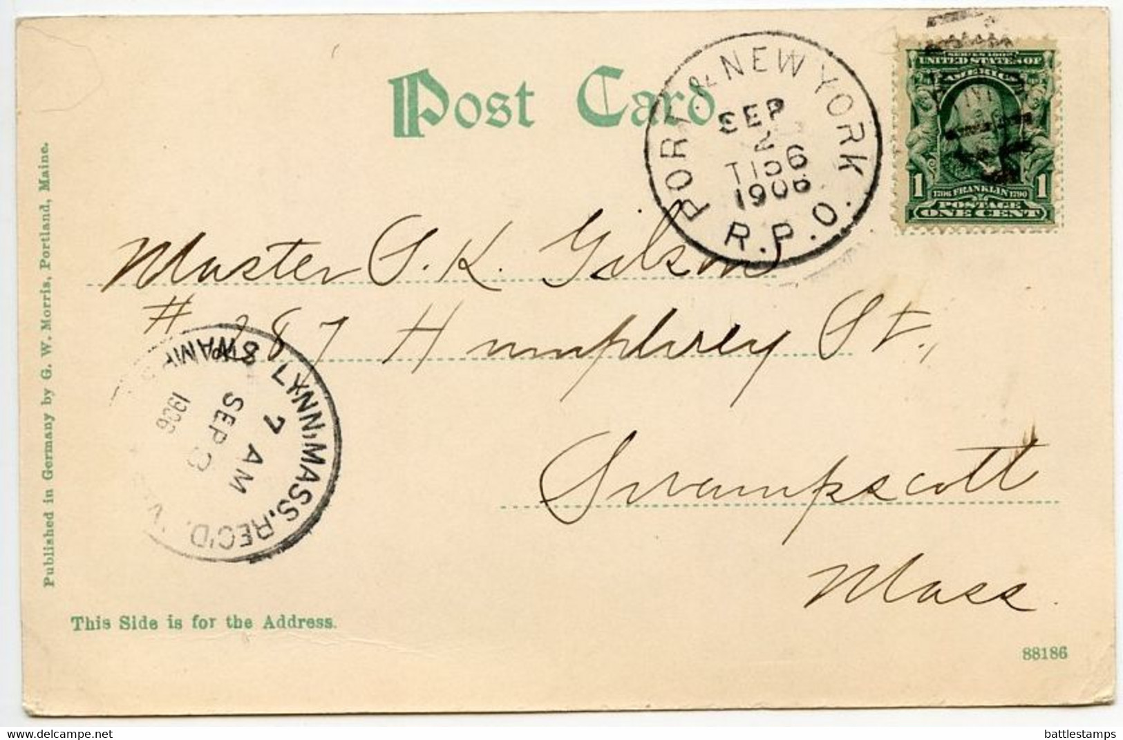 United States 1906 Postcard Portland, Maine - Henry W. Longfellow Monument; Portland & New York RPO Postmark - Portland