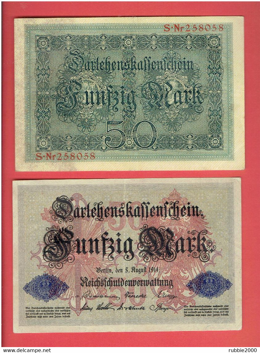 LOT 2 BILLETS DE BANQUE 50 MARK ALLEMAGNE 1914 Darlehenskassenschein - 50 Mark