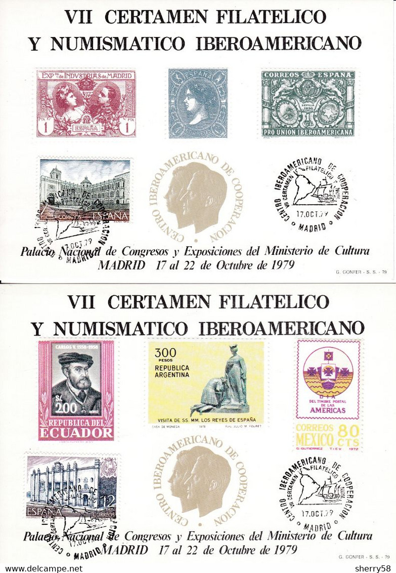 1979- TARJETAS VII CERTAMEN FILATÉLICO Y NUMISMATICO IBEROAMERICANO -  MADRID 17 Al 22 OCTUBRE 1979 + SERIE ESPAÑA ED. 2 - Commemorative Panes