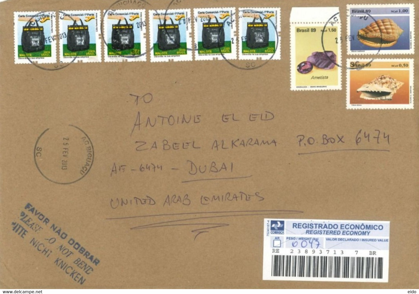 BRAZIL - 2013 - REGISTERED STAMPS  COVER TO DUBAI. - Lettres & Documents