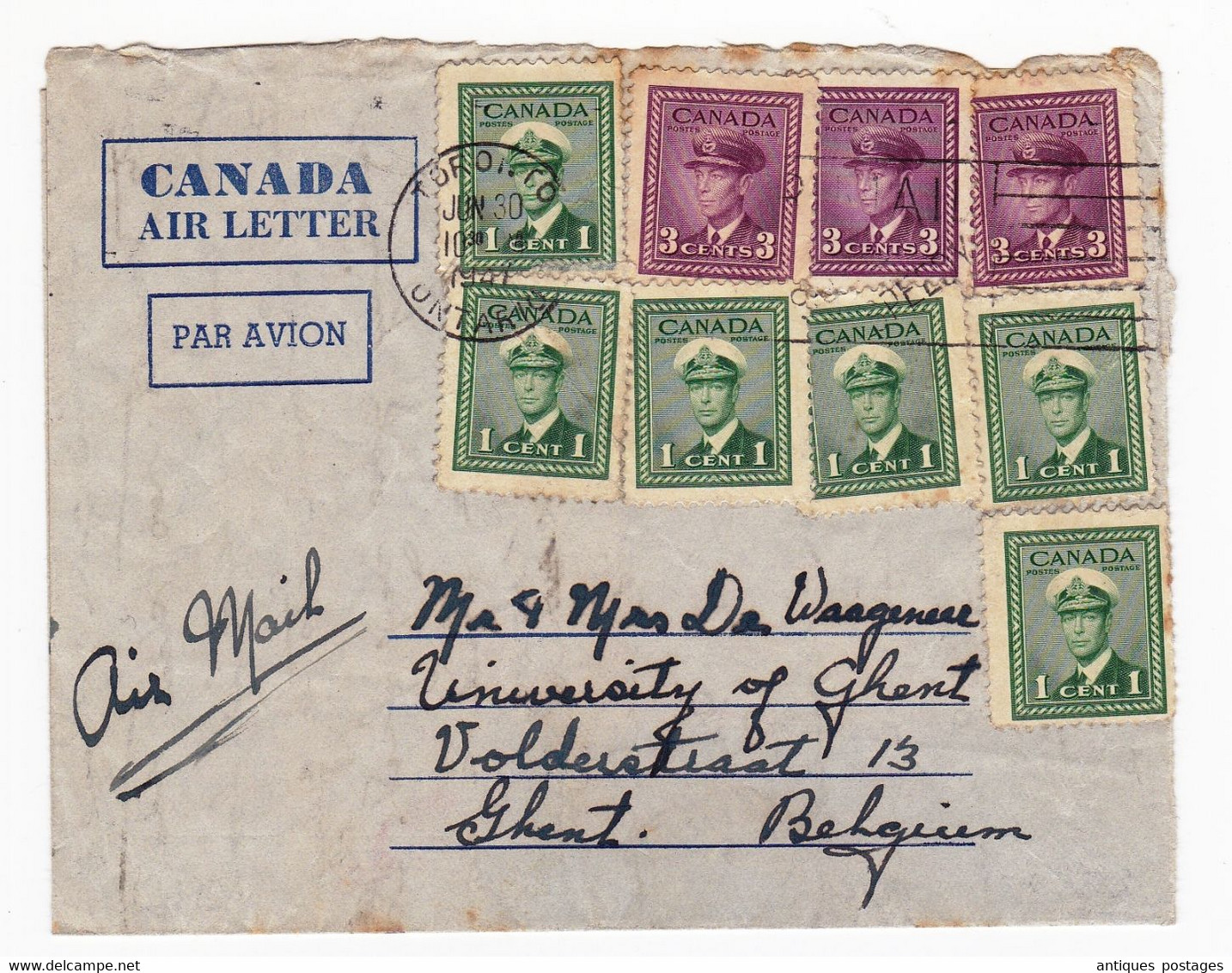 Lettre Toronto Canada Air Letter Par Avion Gent Gand Belgique Stamp 1 Cent King George VI Waageneer - Storia Postale