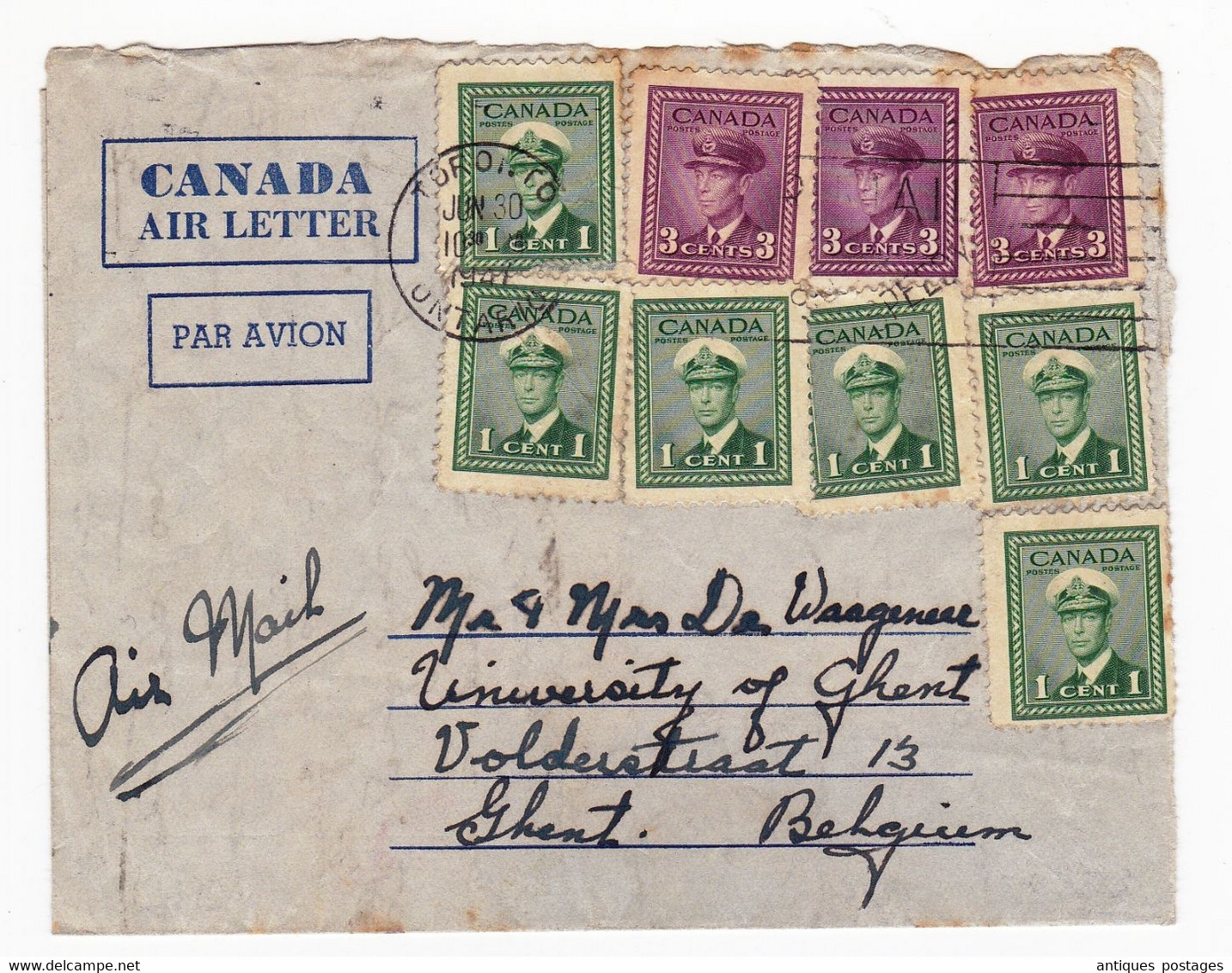 Lettre Toronto Canada Air Letter Par Avion Gent Gand Belgique Stamp 1 Cent King George VI Waageneer - Cartas & Documentos