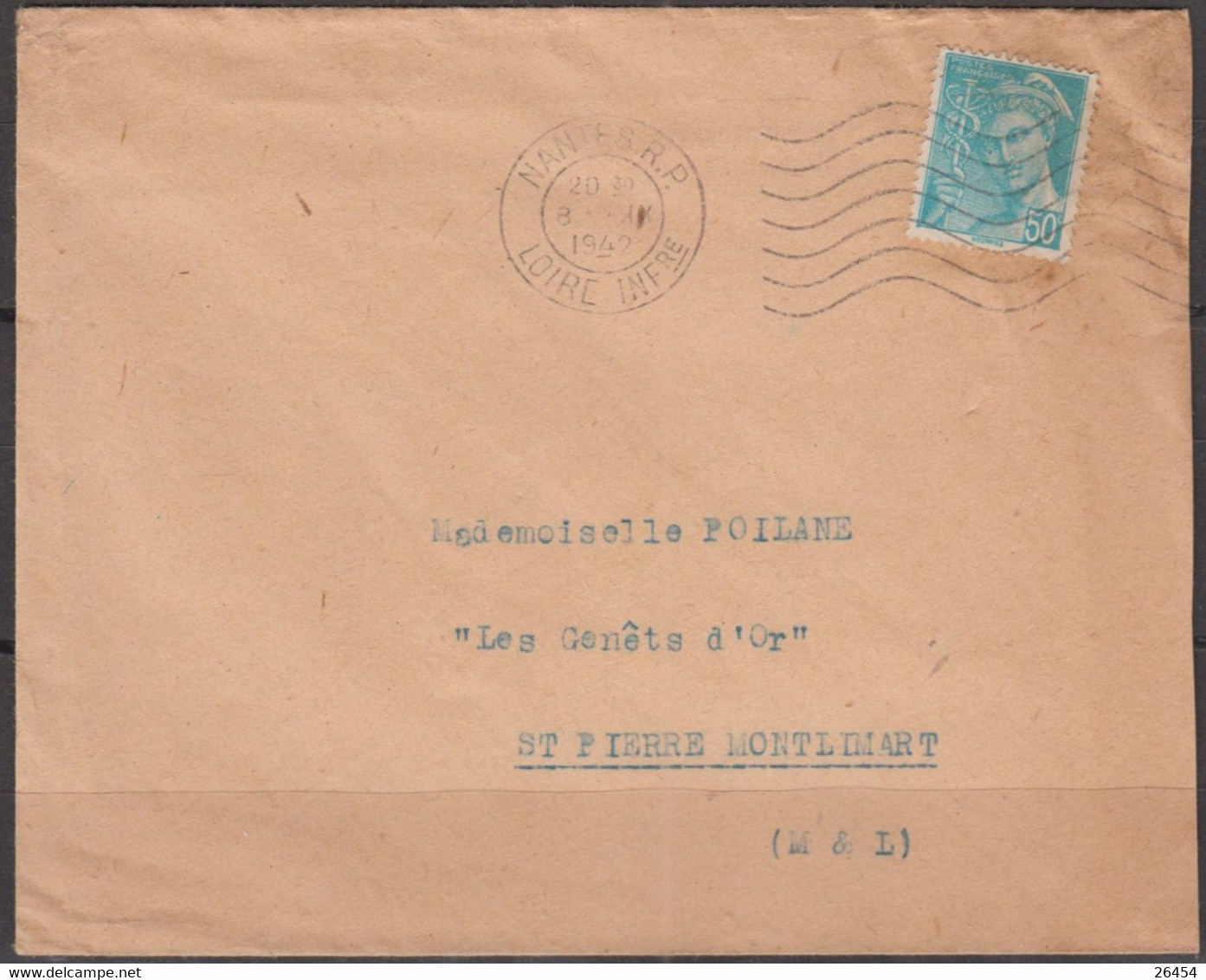 MERCURE 50c  Bleu Y.T.414A  SEUL Sur Enveloppe De 44 NANTES R.P. Le 8 IX 1942 Pour 49 ST PIERRE MONTLIMART - 1938-42 Mercurio