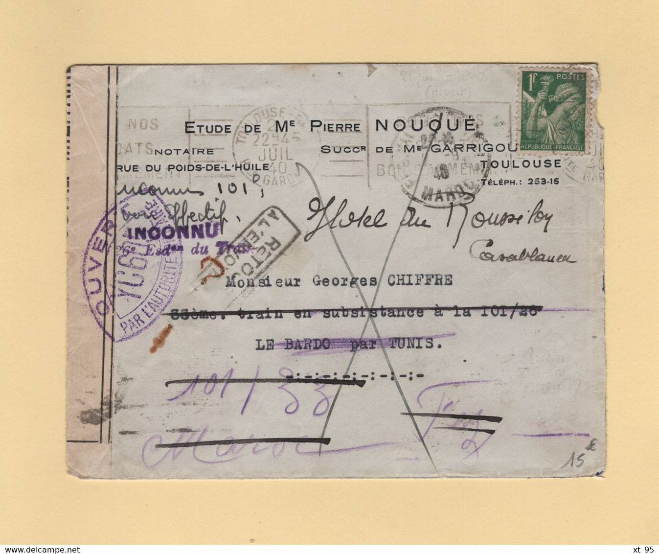 Censure - 1940 - Destination Tunis - Reexpediee Vers Casablanca - Toulouse - Type Iris - Guerre De 1939-45
