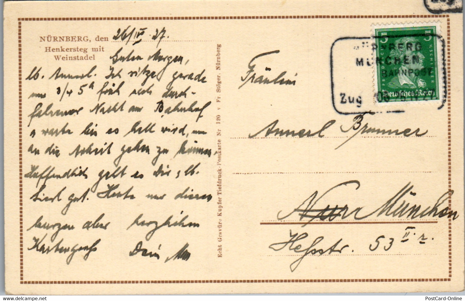 42331 - Deutschland - Nürnberg , Henkersteg Mit Weinstadel , Bahnpost-Stempel - Gelaufen 1927 - Nuernberg