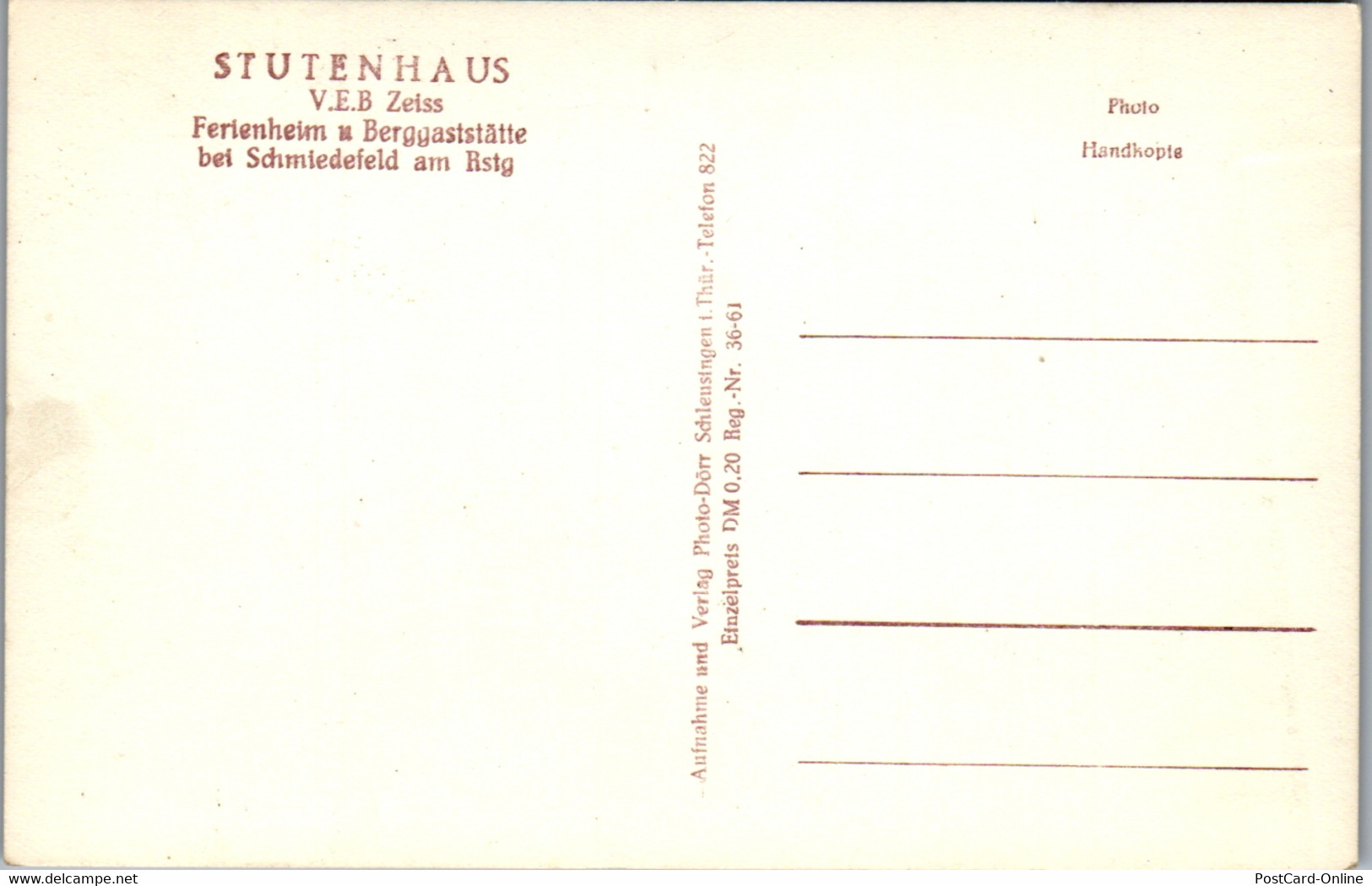 42430 - Deutschland - Schmiedefeld Am Rennsteig , Stutenhaus V.E.B. Zeiss , Ferienheim - Nicht Gelaufen - Schmiedefeld