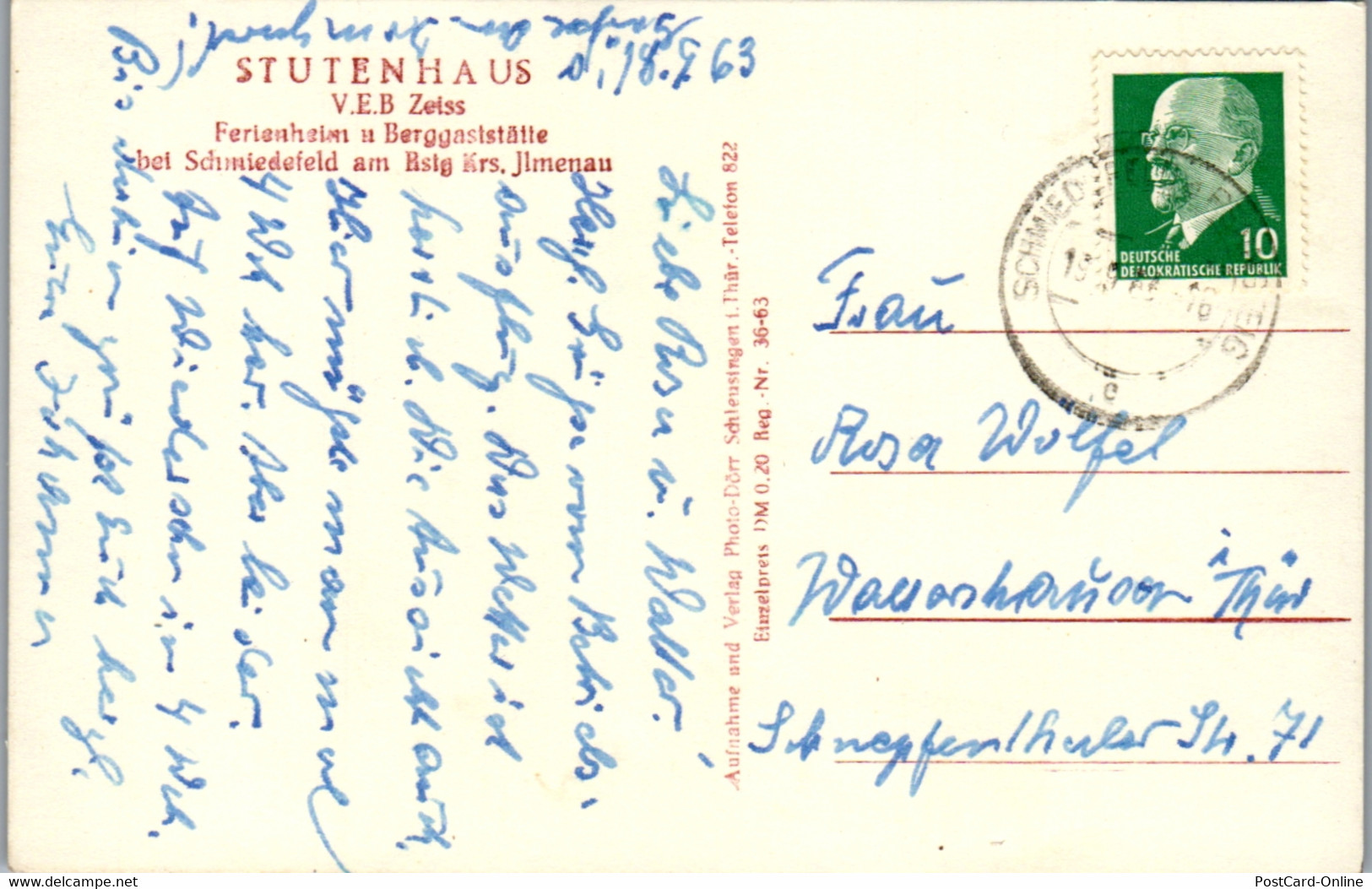 42449 - Deutschland - Schmiedefeld , Am Rennsteig , Stutenhaus V.E.B. Zeiss , Ferienheim - Gelaufen 1963 - Schmiedefeld