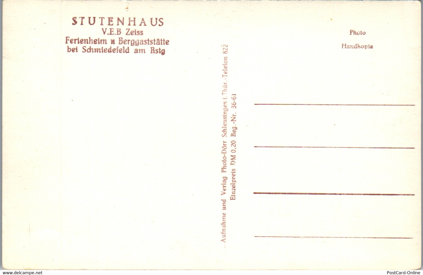 42852 - Deutschland - Schmiedefeld , Rennsteig , Stutenhaus V.E.B. Zeiss , Ferienheim , Adlersberg - Nicht Gelaufen - Schmiedefeld