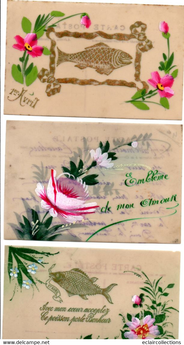 Thème. Fantaisie.. Ensemble De 3 Cartes Celluloïd Dont Dentelées Peintes,Fleurs 1 Er Avril  (voir Scan) - Andere & Zonder Classificatie