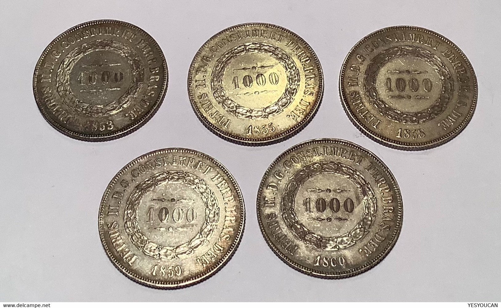 Brazil 1853, 1855, 1858, 1859, 1860 1000 Reis Silver Coin Of Petrus II, ~UNC (Brésil Empire Monnaie D‘ Argent - Brazil