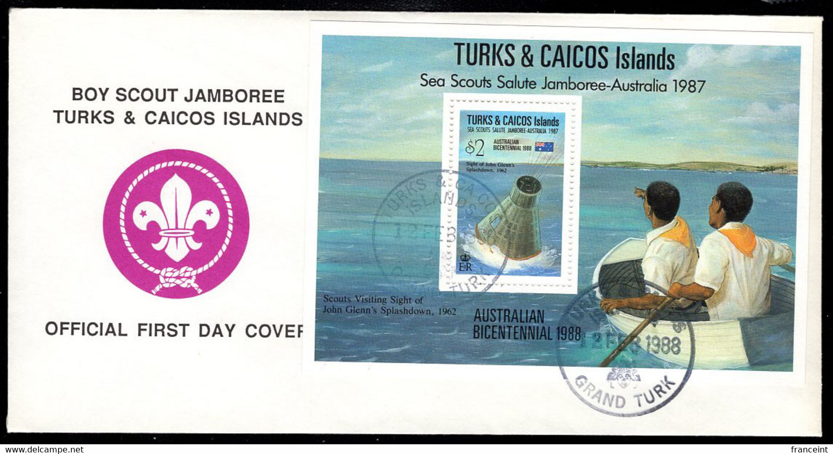 TURKS ET CAICOS(1988) Friendship 7 Splashdown. Unaddressed FDC With Cachet. Scott No 743. Sea Scout Jamboree - Turks And Caicos