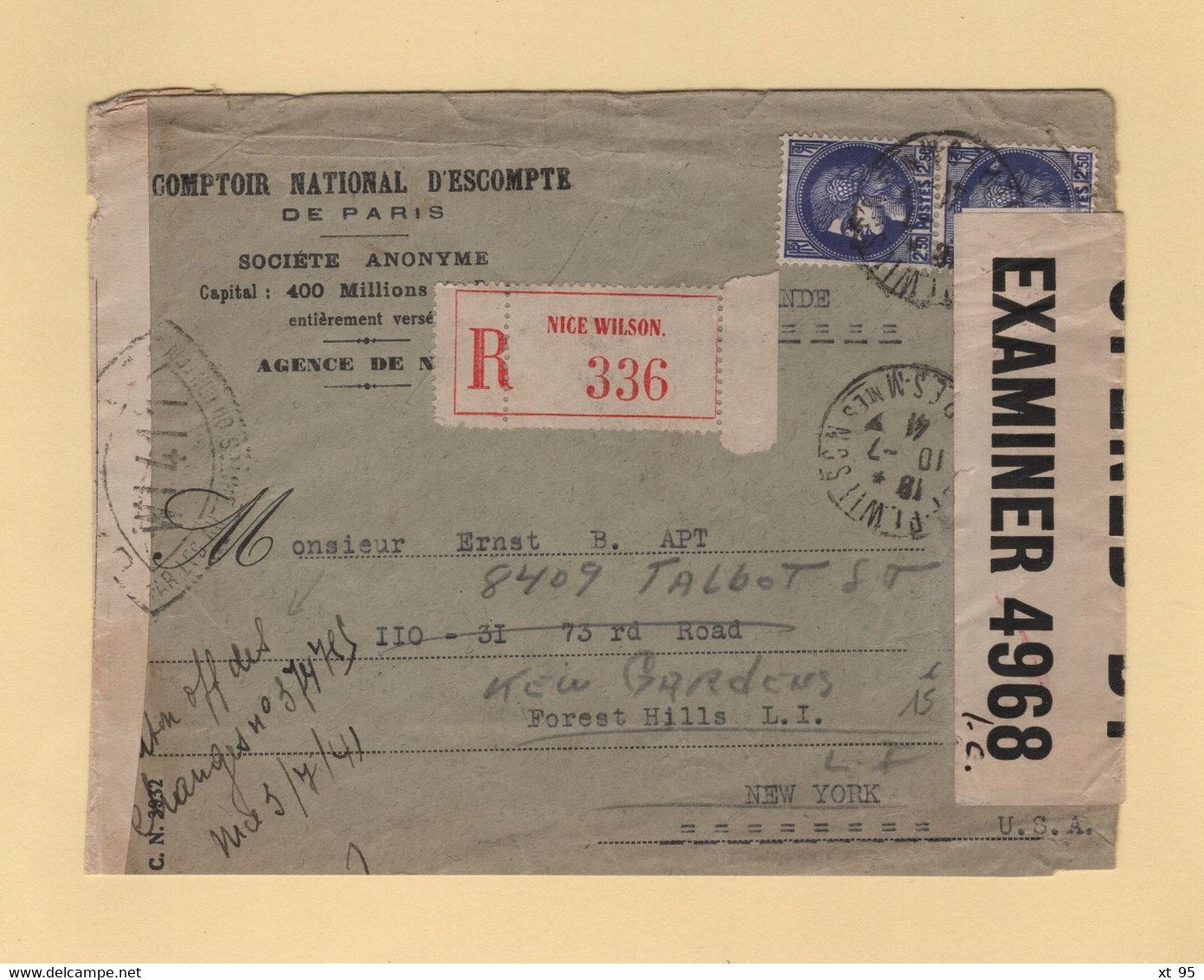 Censure - 1941 - Destination USA - Recommande - Nice Wilson - Double Censure - Type Ceres - Guerre De 1939-45