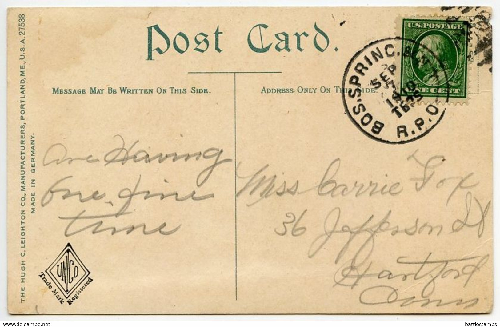 United States 1910 Postcard Springfield, Massachusetts - Wesson Residence; Boston, Springfield & New York RPO Postmark - Springfield