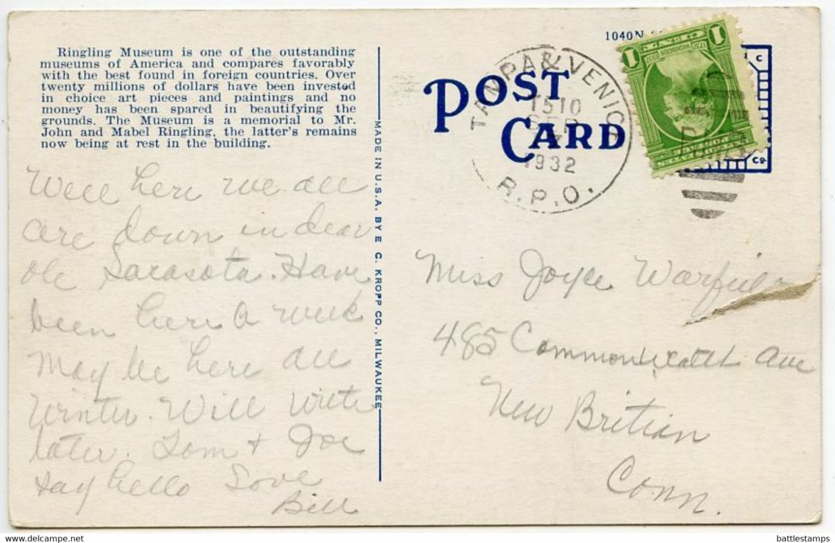 United States 1932 Postcard Ringling Art Museum, Between Sarasota & Bradenton, Florida; Tampa & Venice RPO Postmark - Sarasota