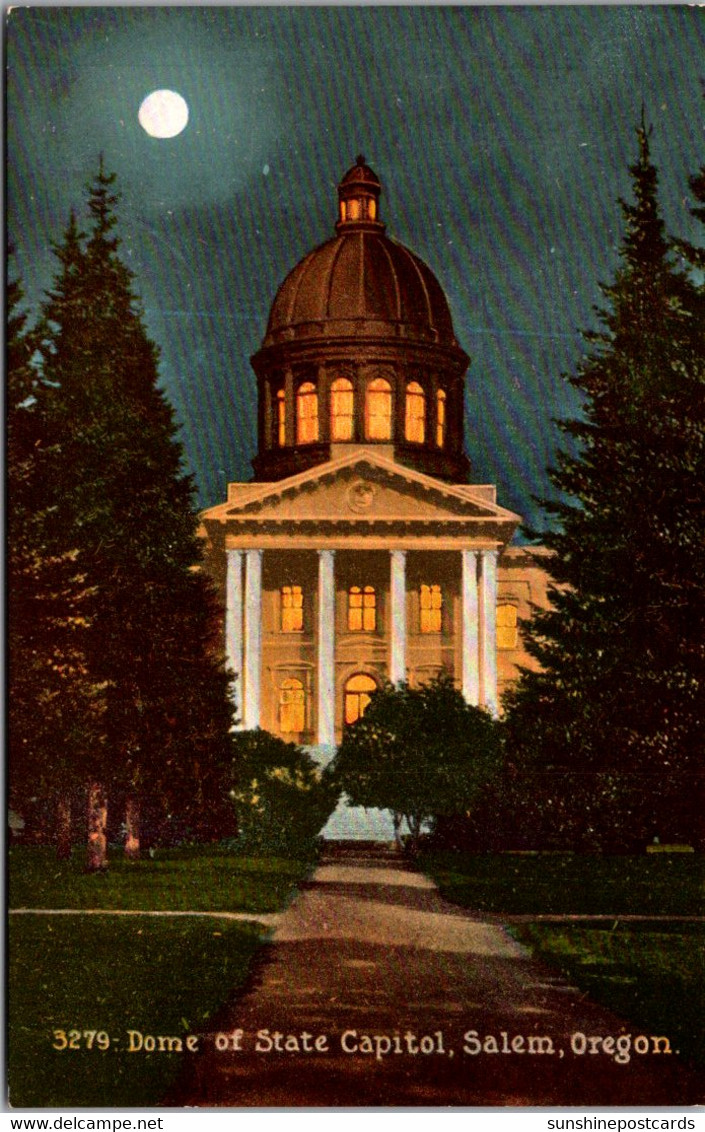 Oregon Salem Dome Of State Capitol At Night Under Full Moon - Salem