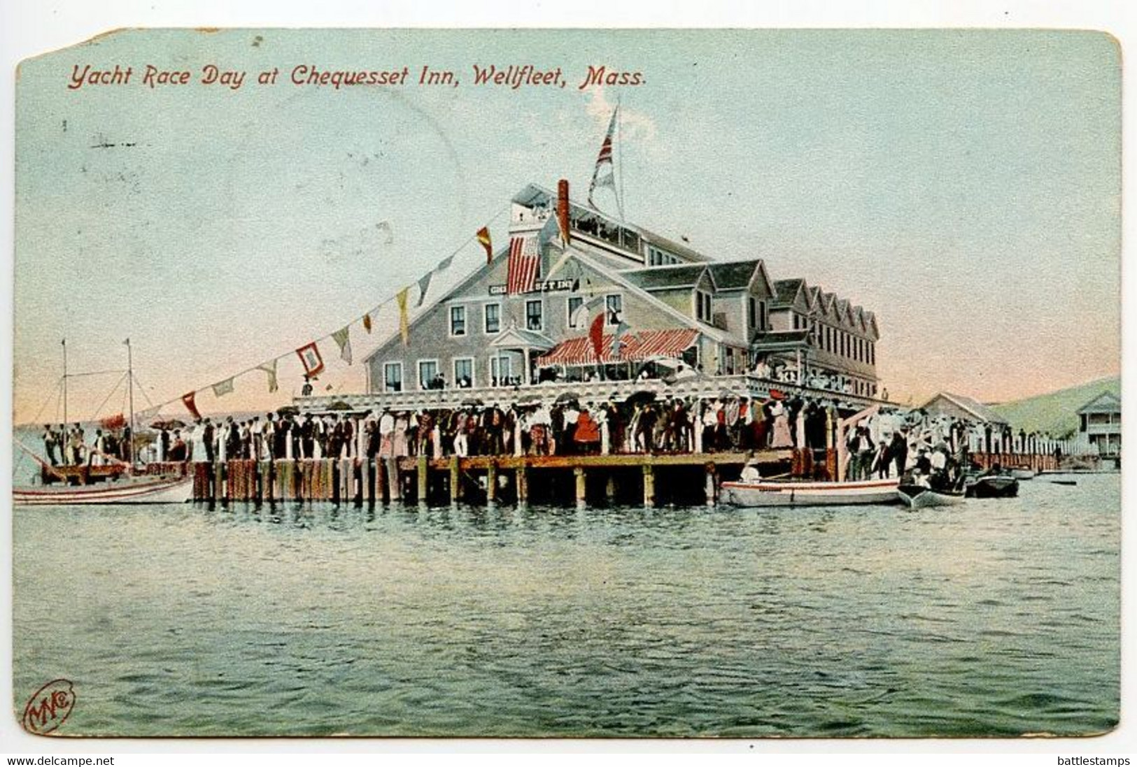 United States 1909 Postcard Wellfleet, Massachusetts - Yacht Race Day, Chequesset Inn; Boston & Cape Cod RPO Postmark - Cape Cod