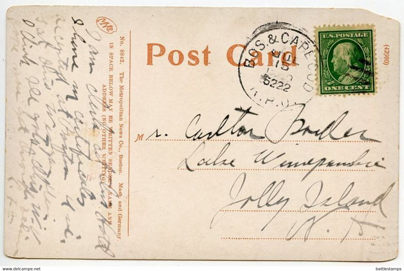 United States 1909 Postcard Wellfleet, Massachusetts - Yacht Race Day, Chequesset Inn; Boston & Cape Cod RPO Postmark - Cape Cod