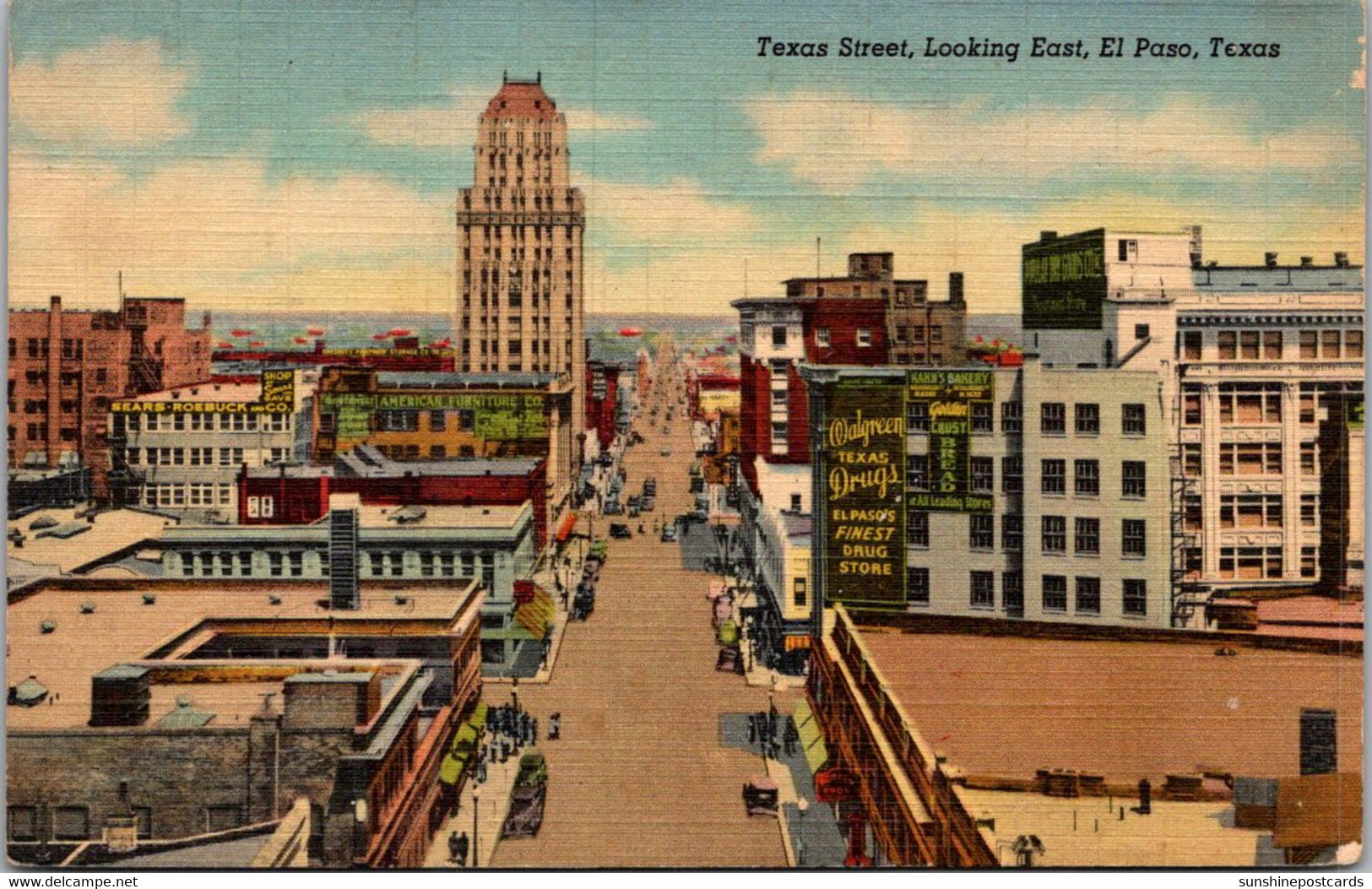 Texas El Paso Texas Street Looking East 1945 Curteich - El Paso