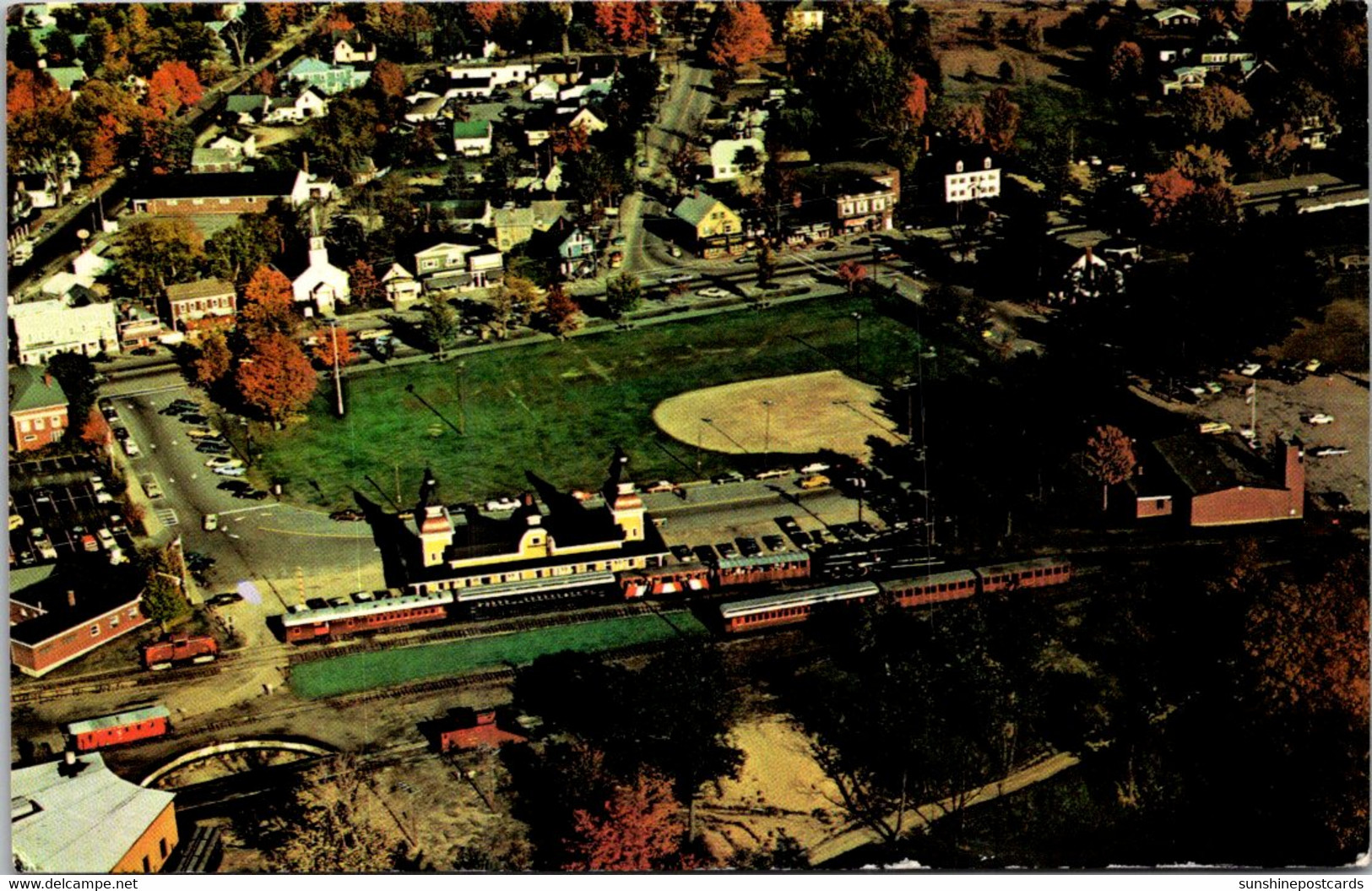 New Hampshire North Conway Birds Eye View With Conway Scenic Raailroad Train Ready To Depart From Depot - White Mountains